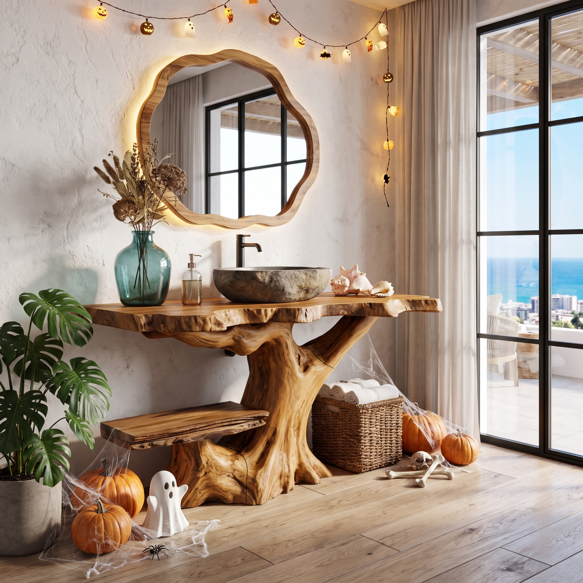 Rustic Halloween Bathroom Vanity With Live Edge Top And Tree Trunk Base For Bathroom