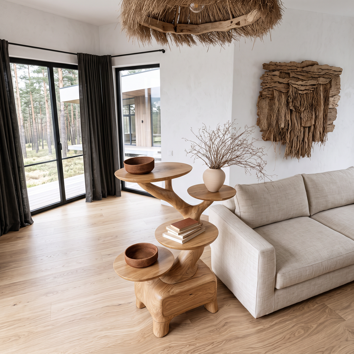 Natural Sculptural Side Table With Branch Display Shelves For Living Room