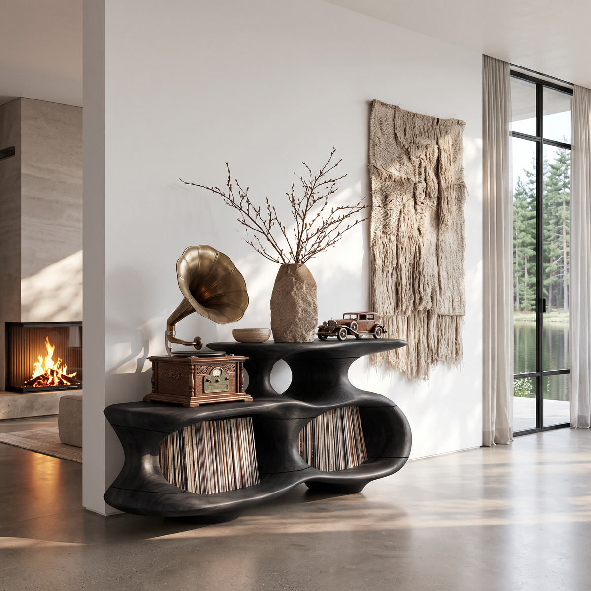 Modern Vinyl Record Stand With Asymmetrical Curved Compartments For Hallway