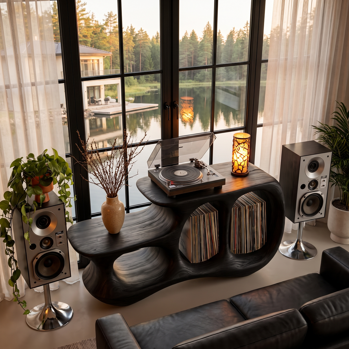 Natural Record Player Stand With Flowing Sculptural Frame For Living Room