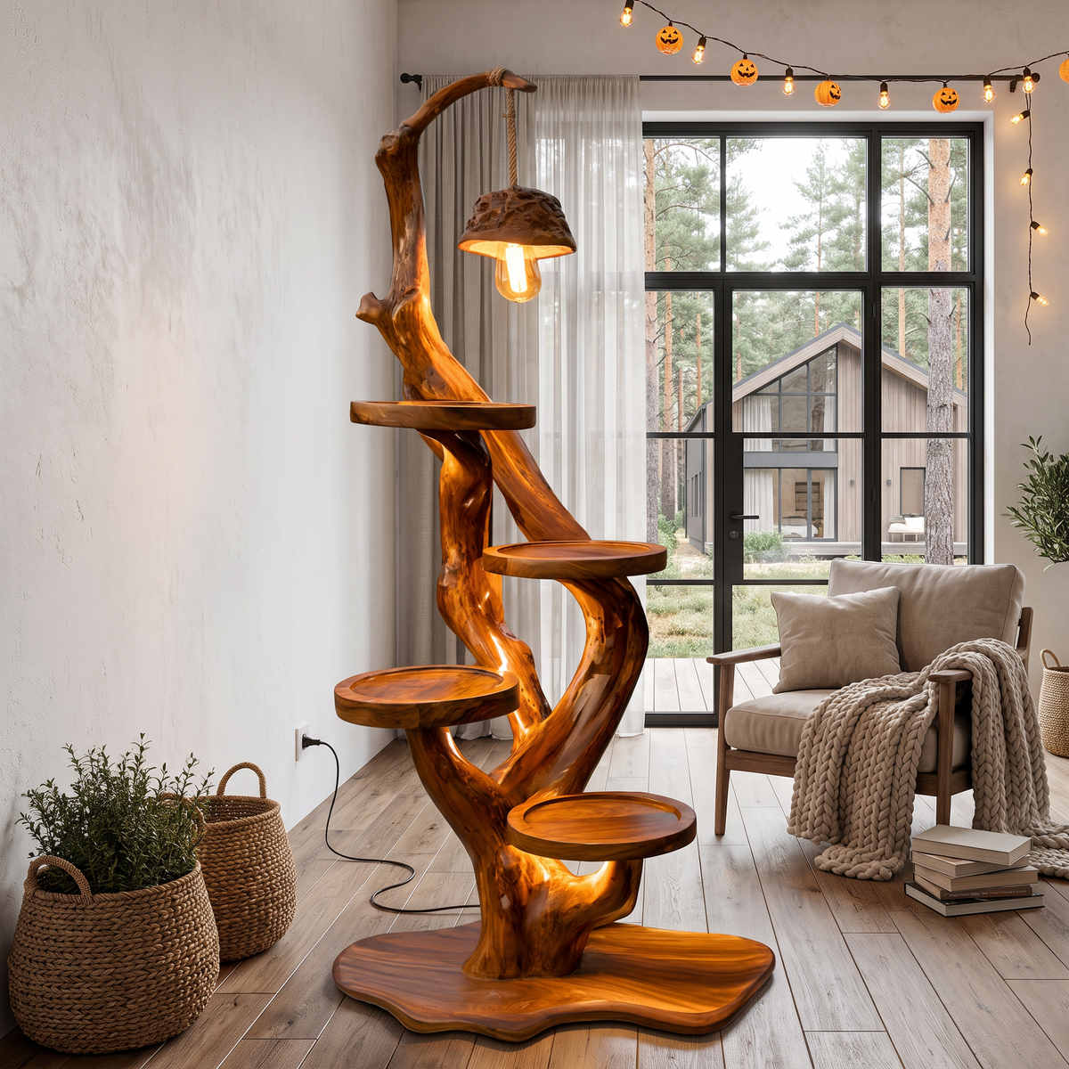 Rustic Halloween Tree Plant Stand With Hanging Lamp For Living Room