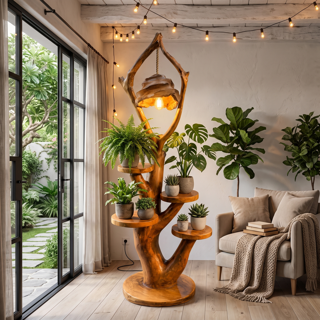 Modern Halloween Multi Tier Plant Stand With Sculptural Branch Shelves For Sunroom