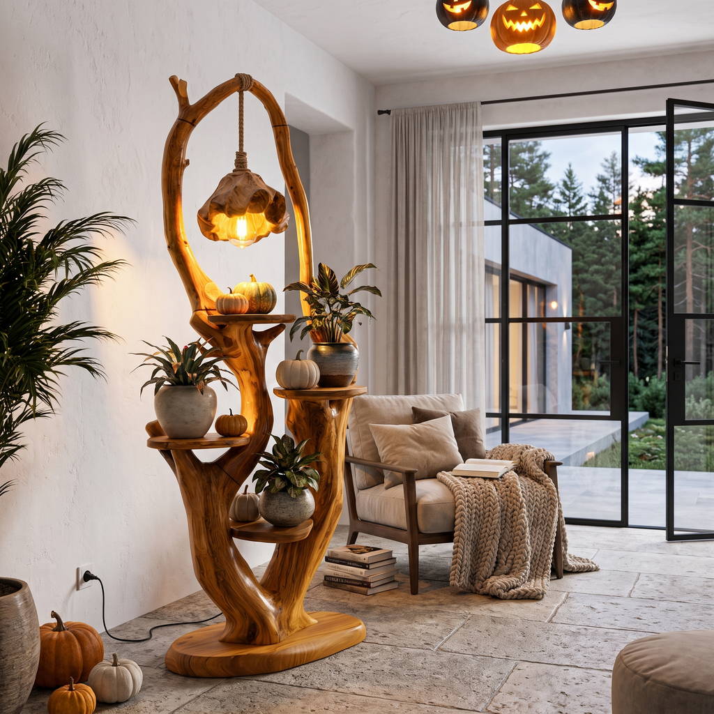 Rustic Halloween Tree Plant Stand With Hanging Lantern Canopy For Entryway