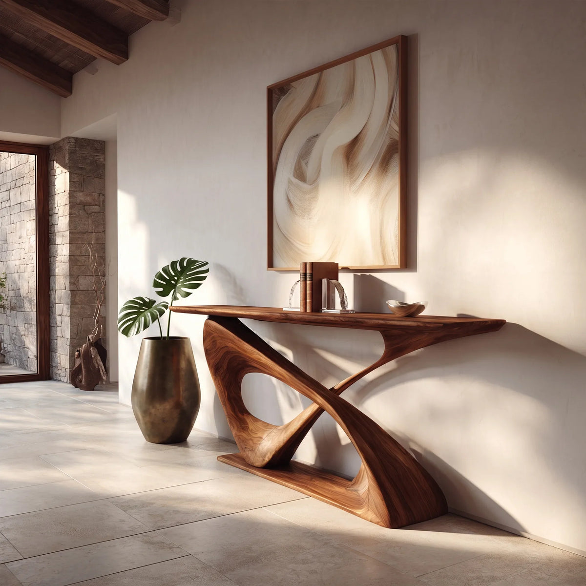 Modern Sculptural Console Table With Curved Base For Entryway