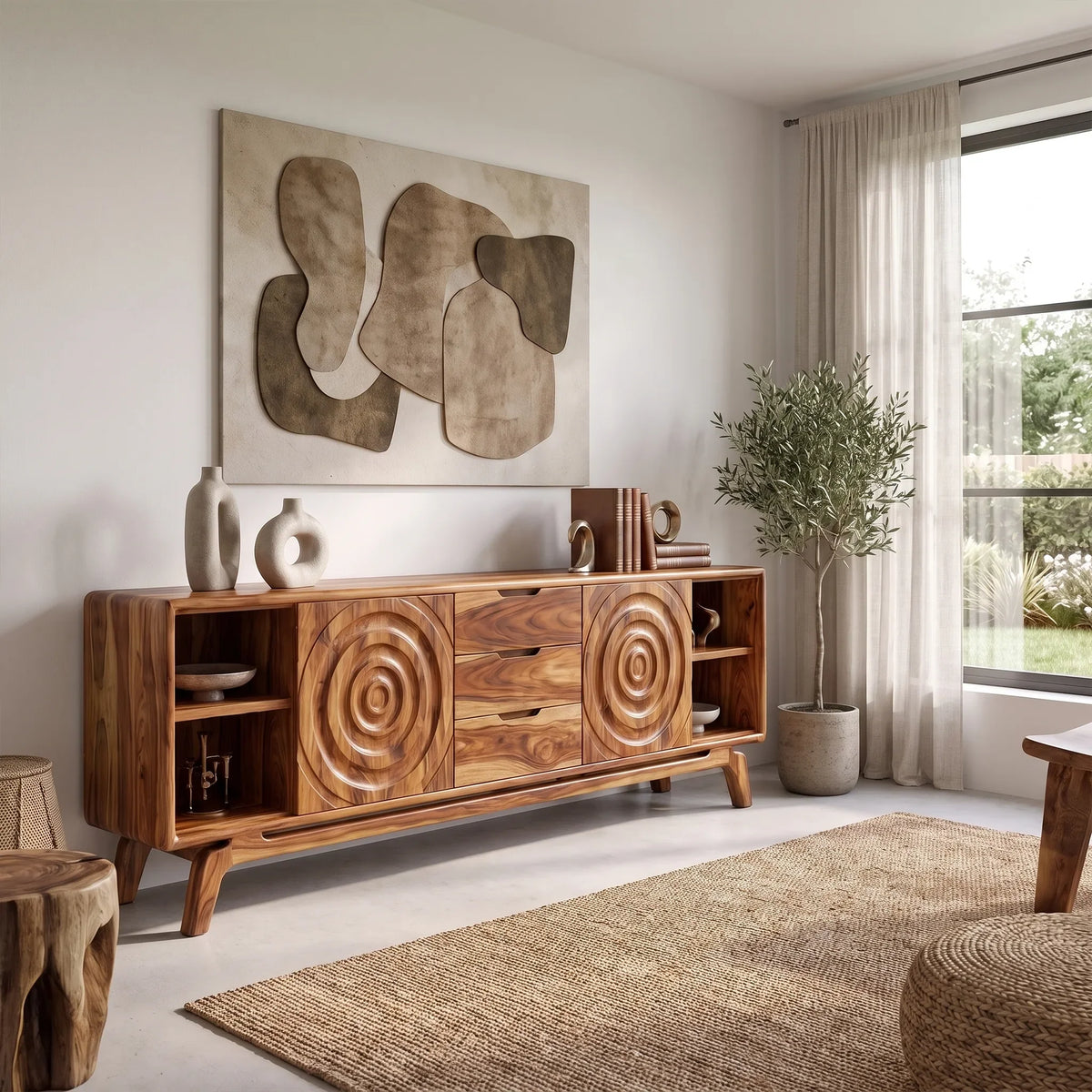 Modern Sideboard Storage Cabinet Dining Sideboard Buffet Cabinet Circle Carving For Living Room