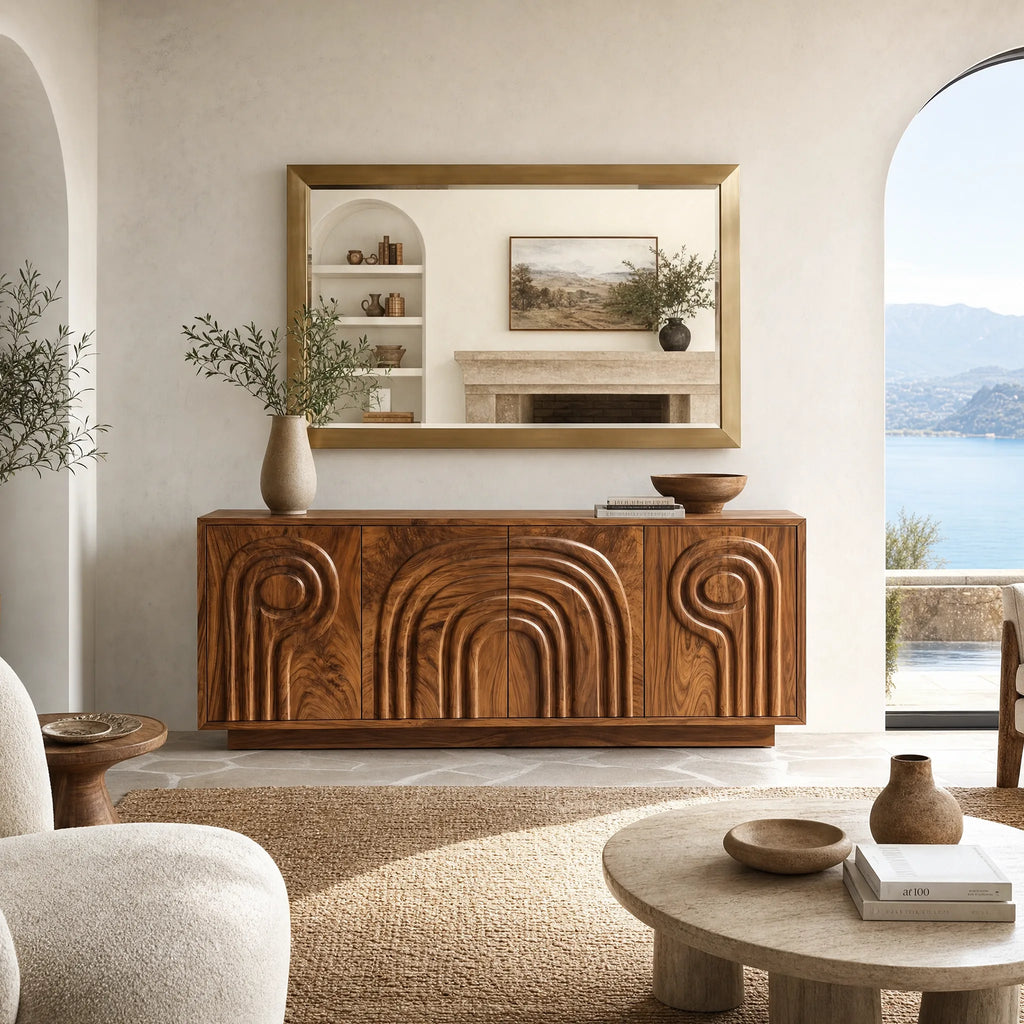 Calm Sideboard Sideboard Cabinet Buffet Cabinet Layered Arch Carving For Living Room