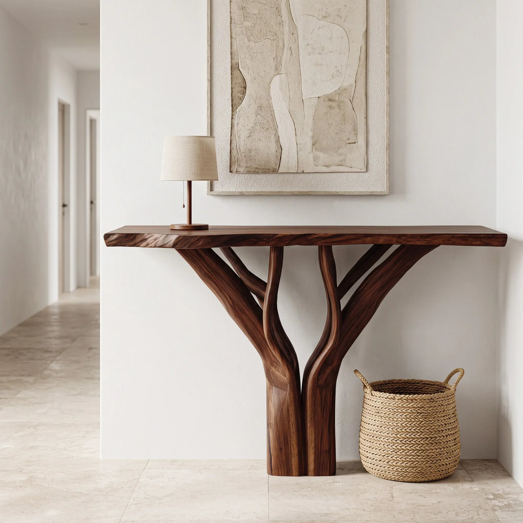 Organic Sculptural Console Table With Pedestal Base For Entryway