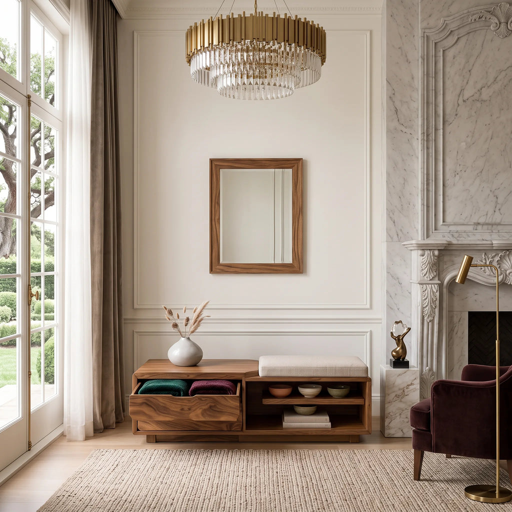 Natural Wood Storage Bench Cushion Drawers For Bedroom