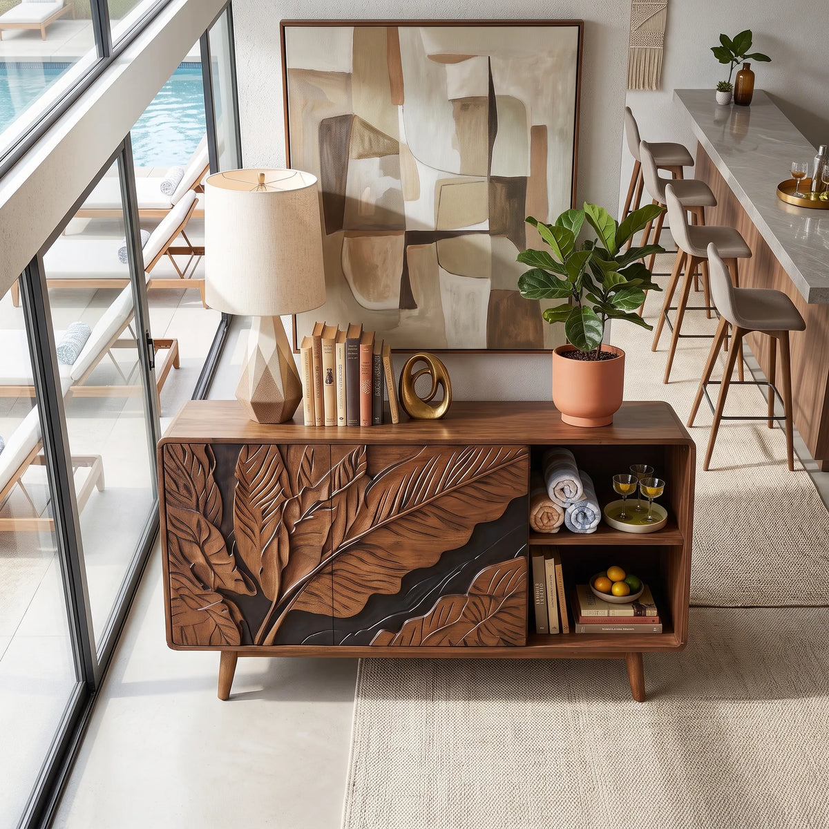 Handcrafted Botanical Credenza Living Room