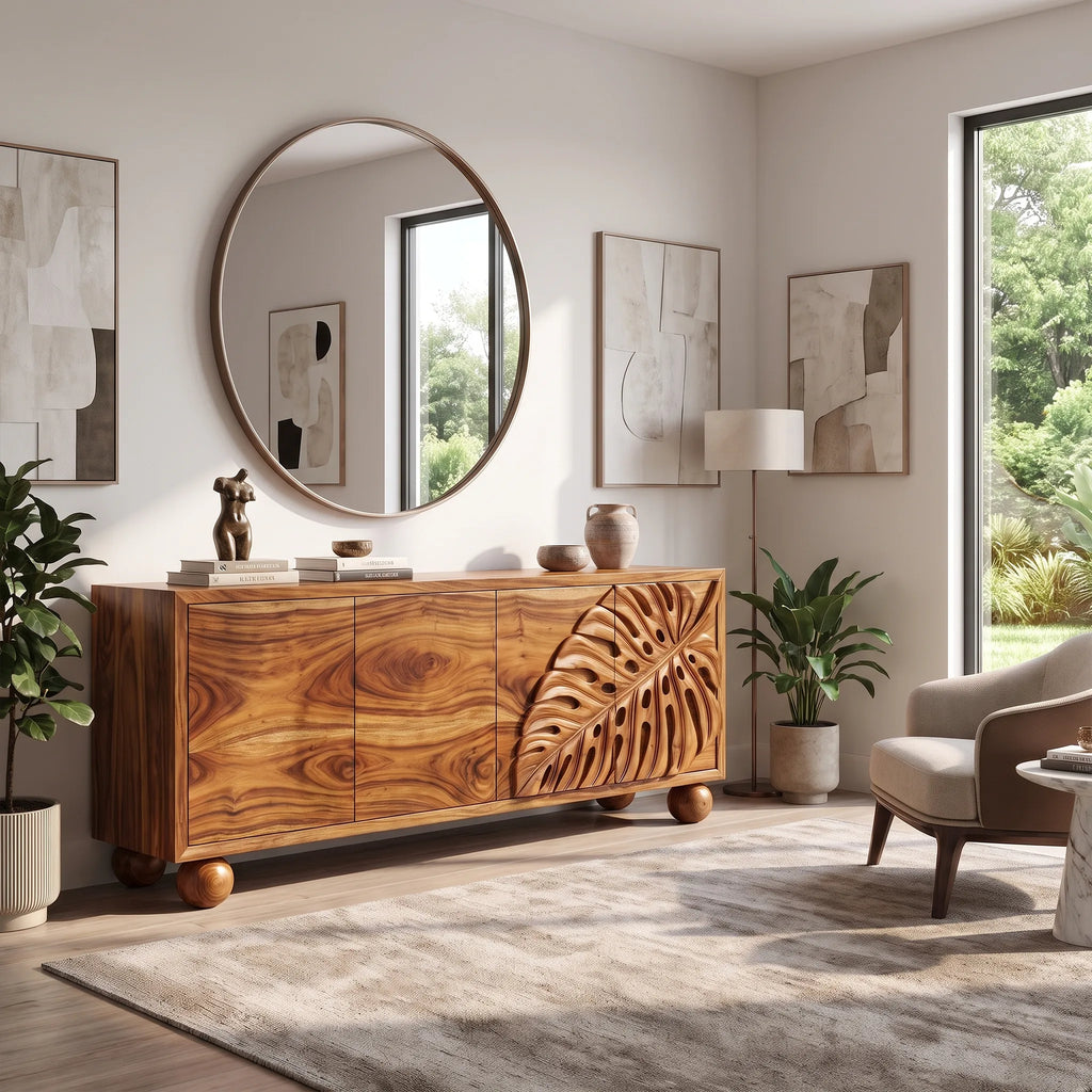 Serene Sideboard Cabinet Modern Sideboard Buffet Cabinet Monstera Carving For Living Room