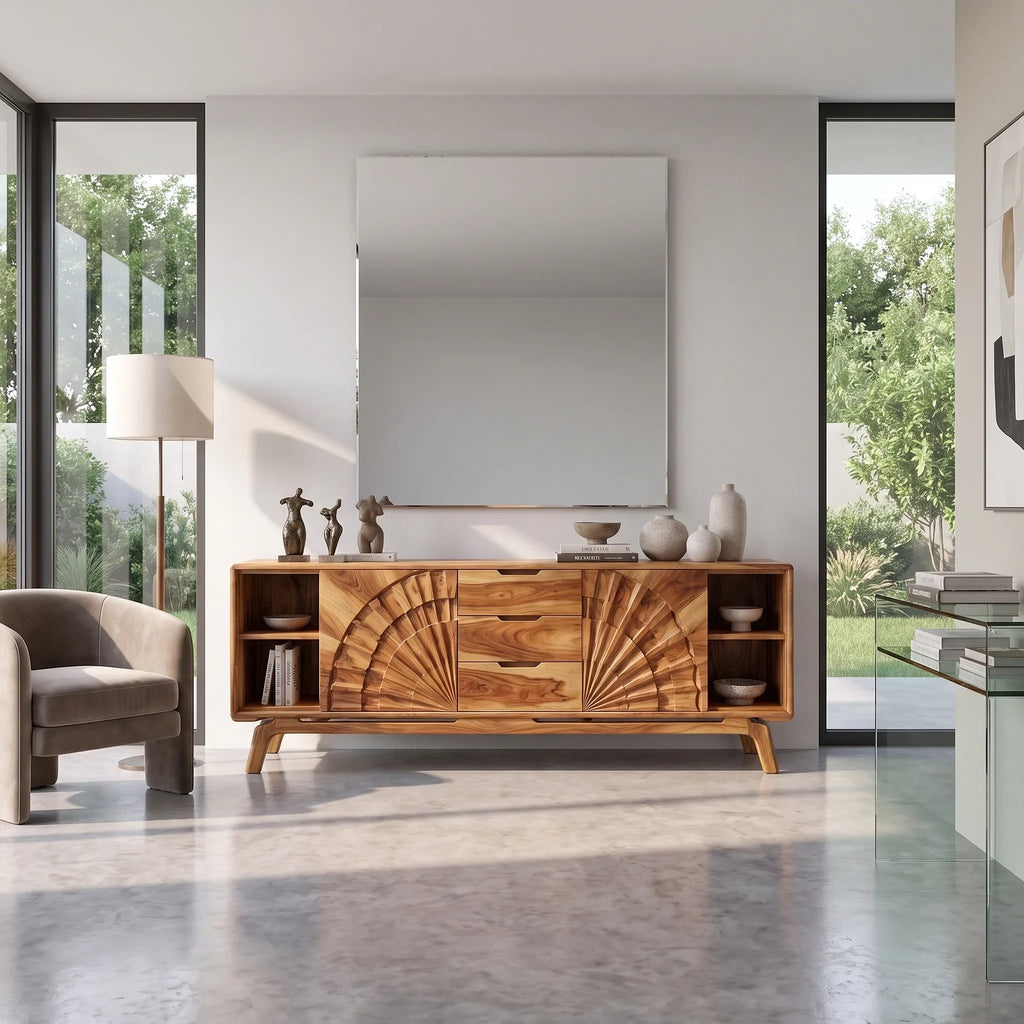 Sculptural Sideboard Cabinet Dining Sideboard Buffet Cabinet Fan Carving For Living Room