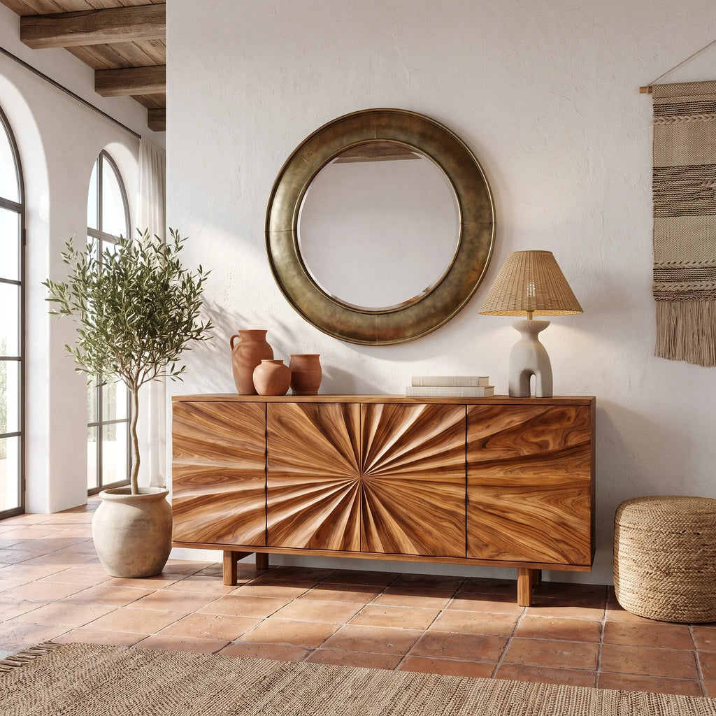 Vibrant Sideboard Sideboard Storage Cabinet Buffet Cabinet Sunburst Carved Front For Living Room