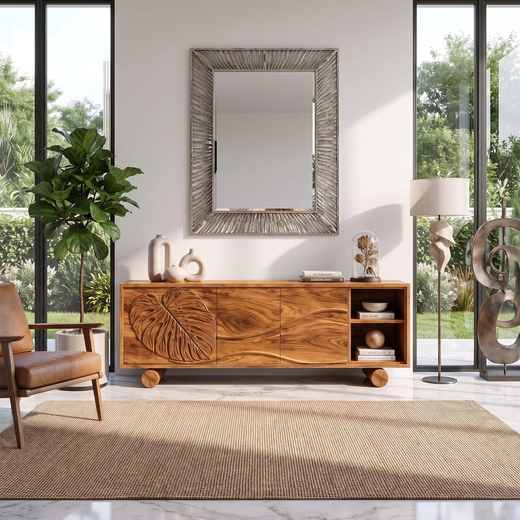 Organic Sideboard Cabinet Modern Sideboard Buffet Cabinet Monstera Carving For Living Room
