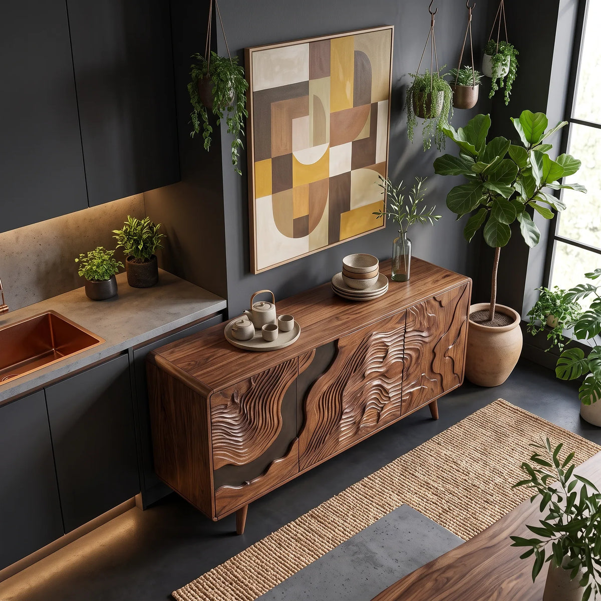 Organic Modern Carved Buffet Cabinet Living Room