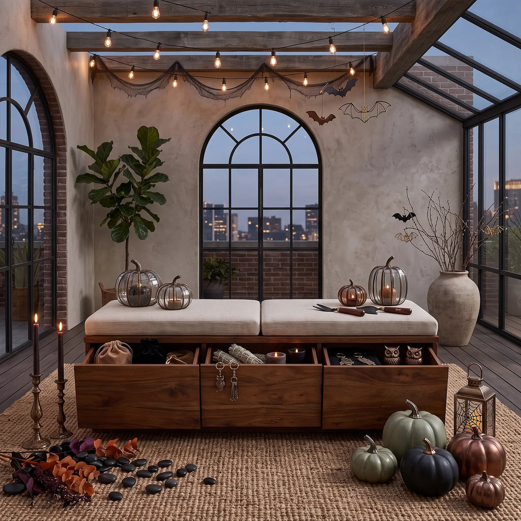 Wooden Storage Bench Cushion For Halloween Bedroom Decor