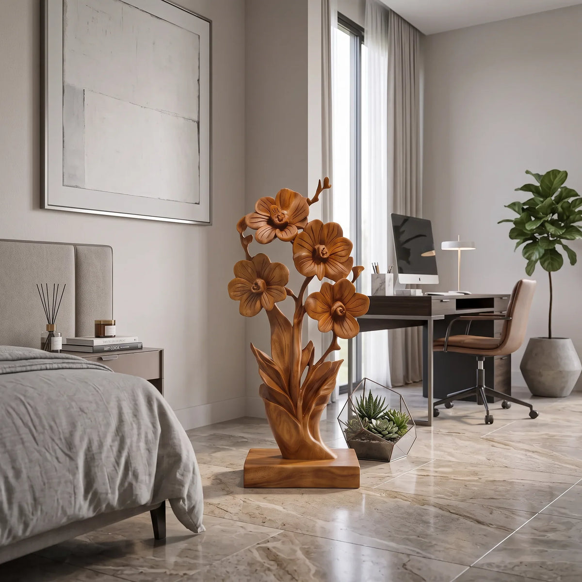 Modern Farmhouse Floral Wood Sculpture For Elegant Home Decor