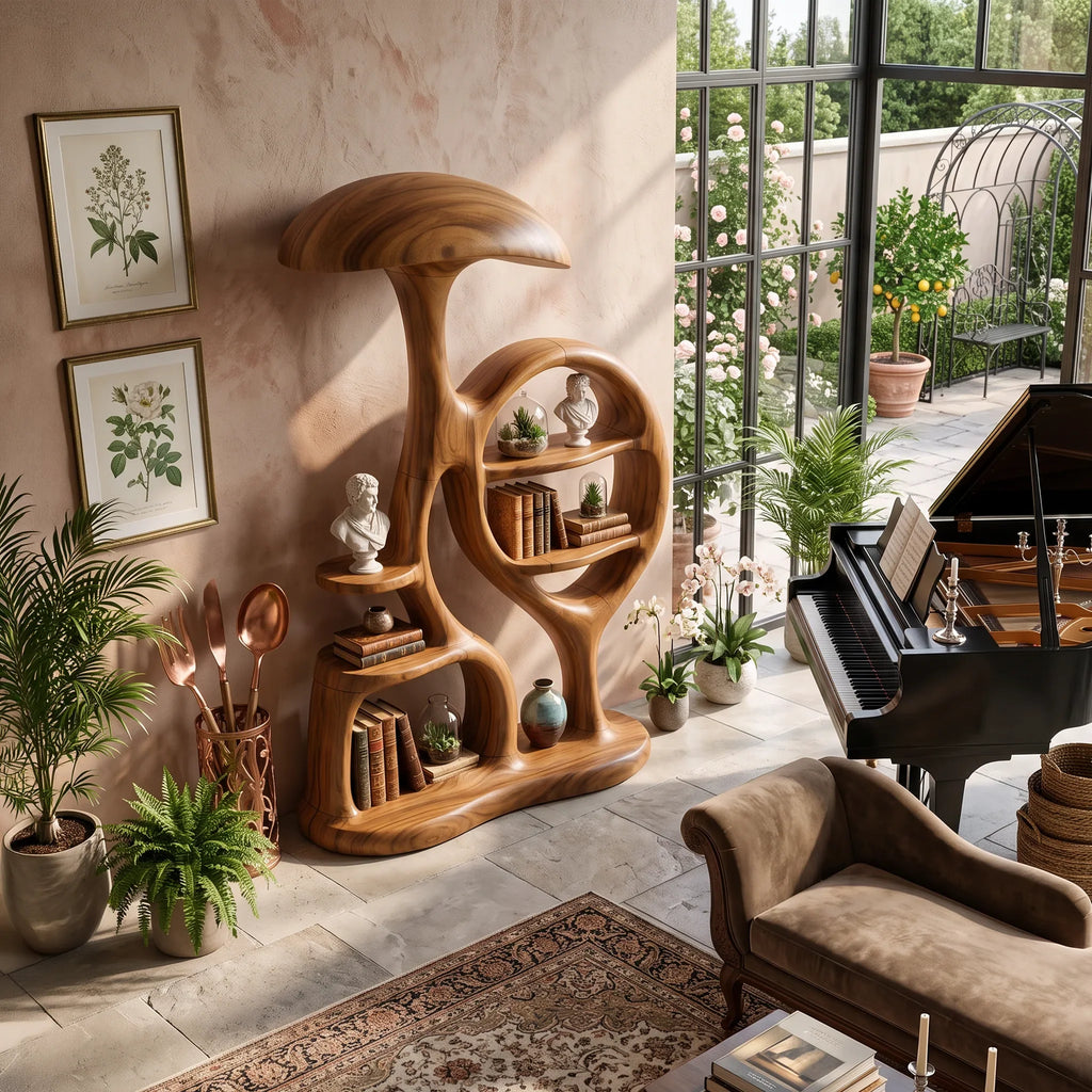Contemporary Arched Mushroom Bookshelf Cozy Bedroom