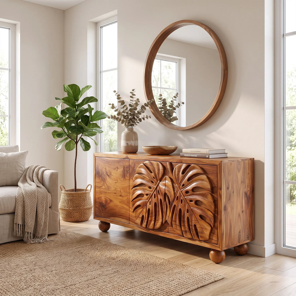 Tropical Sideboard Dining Room Sideboard Cabinet Buffet Cabinet Monstera Relief For Dining Room
