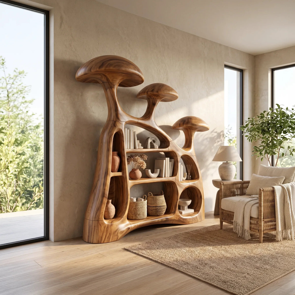 Modern Organic Mushroom Bookshelf Open Living Room