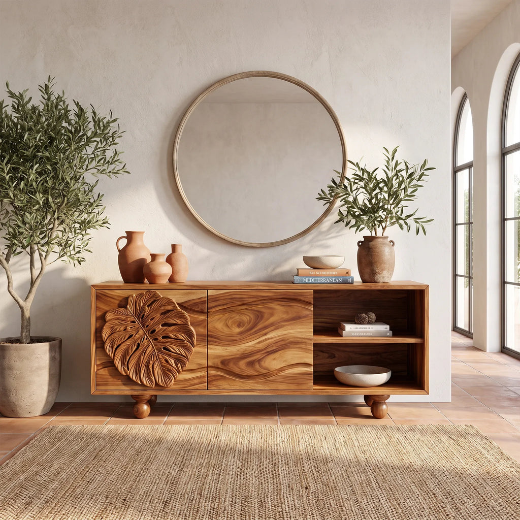 Organic Sideboard Sideboard Cabinet Modern Sideboard Leaf Carving Open Storage For Living Room