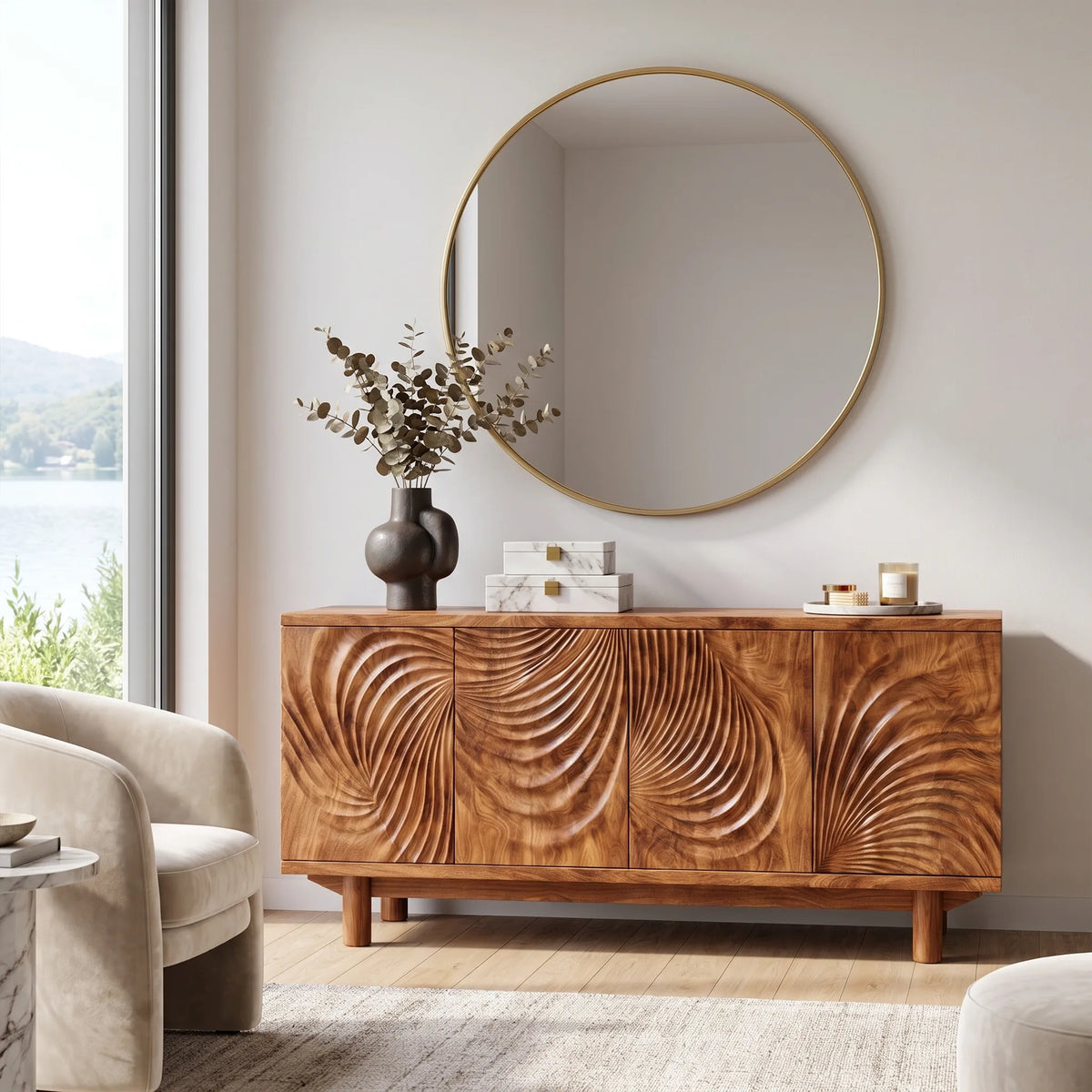 Luminous Sideboard Dining Sideboard Cabinet Buffet Cabinet Layered Wave Carving For Dining Room