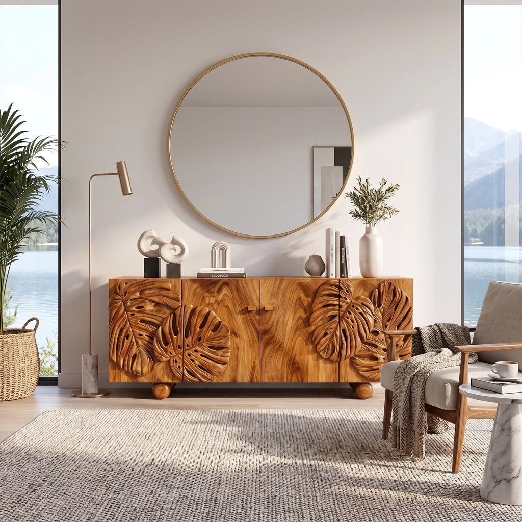 Botanical Sideboard Sideboard Storage Cabinet Modern Sideboard Tropical Leaf Carving For Living Room