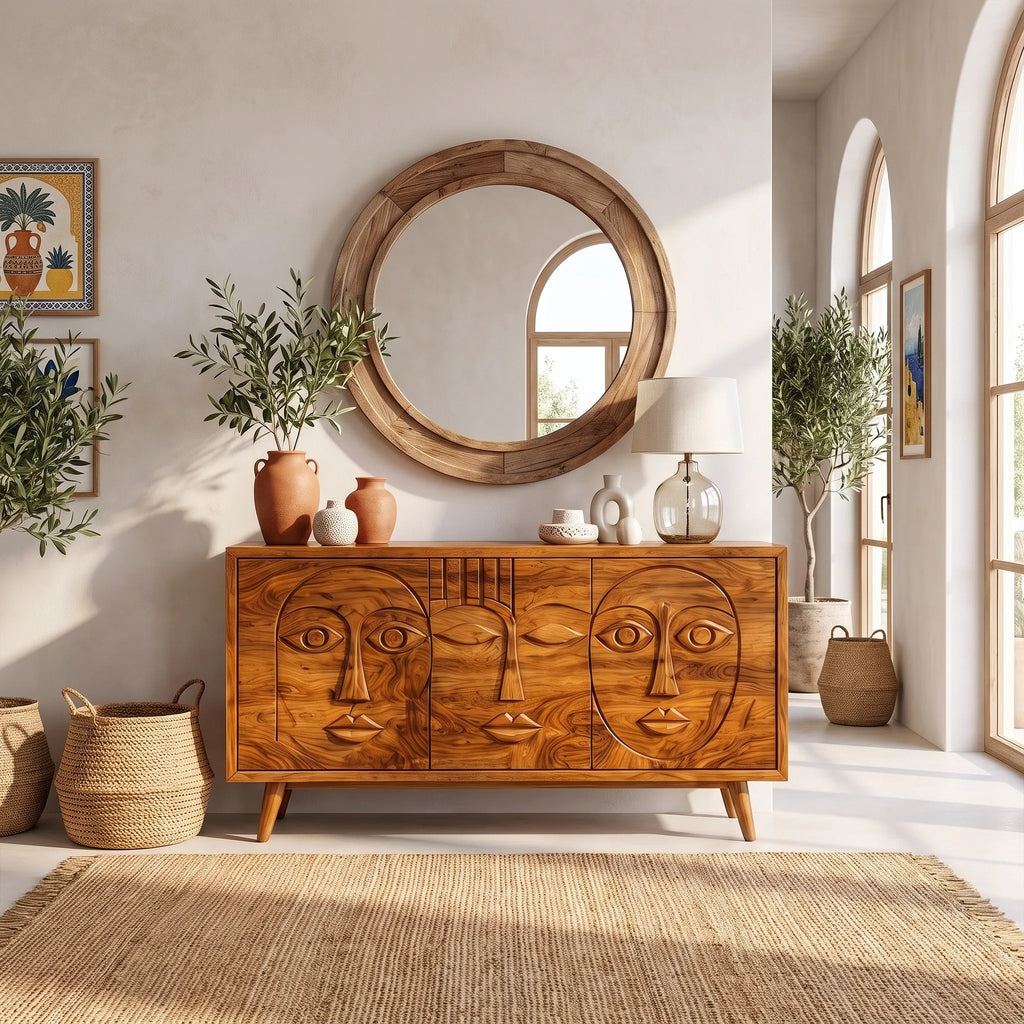 Artistic Sideboard Sideboard Cabinet Modern Sideboard Abstract Face Carving For Living Room