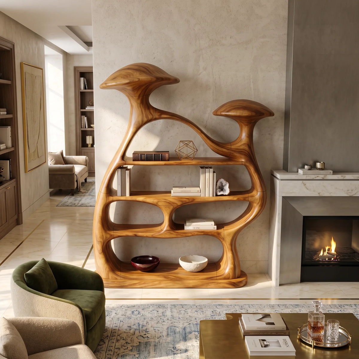 Organic Wide Mushroom Bookcase Modern Living Room