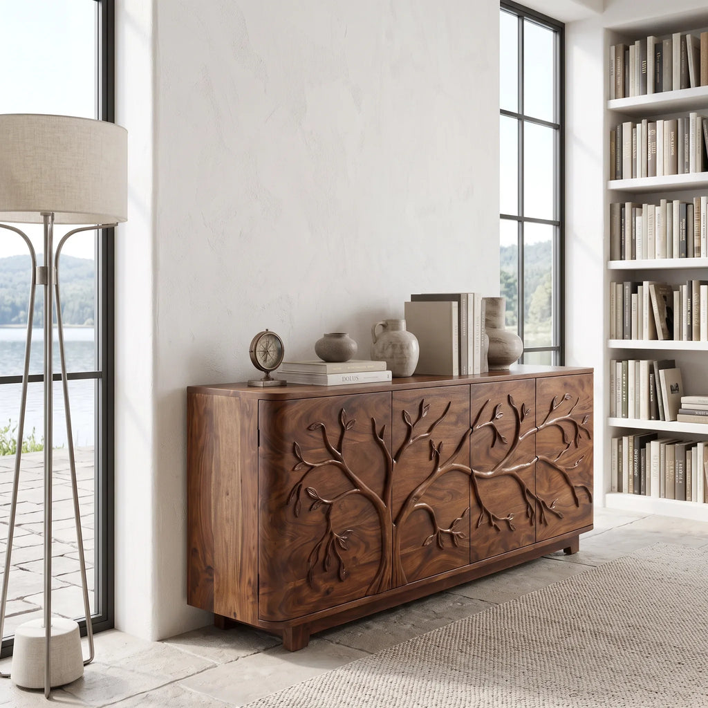 Handcrafted Tree Carved Sideboard Cabinet Dining Room
